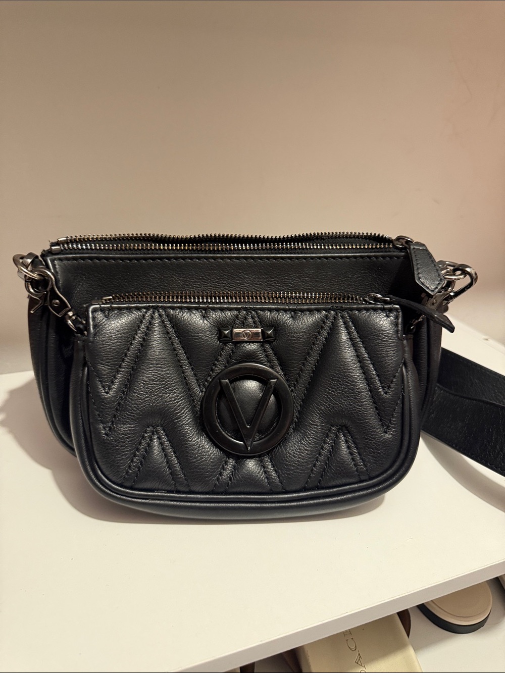 Valentino Black Quilted Leather Crossbody with Signature V Emblem